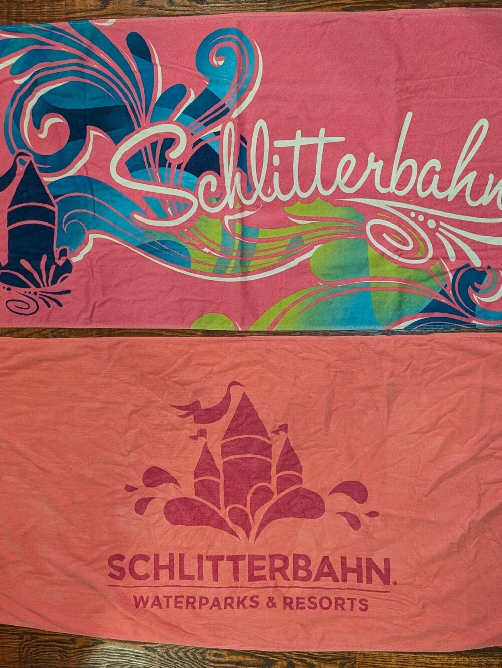 2) Schlitterbahn souvenir towels, 56" x 28"